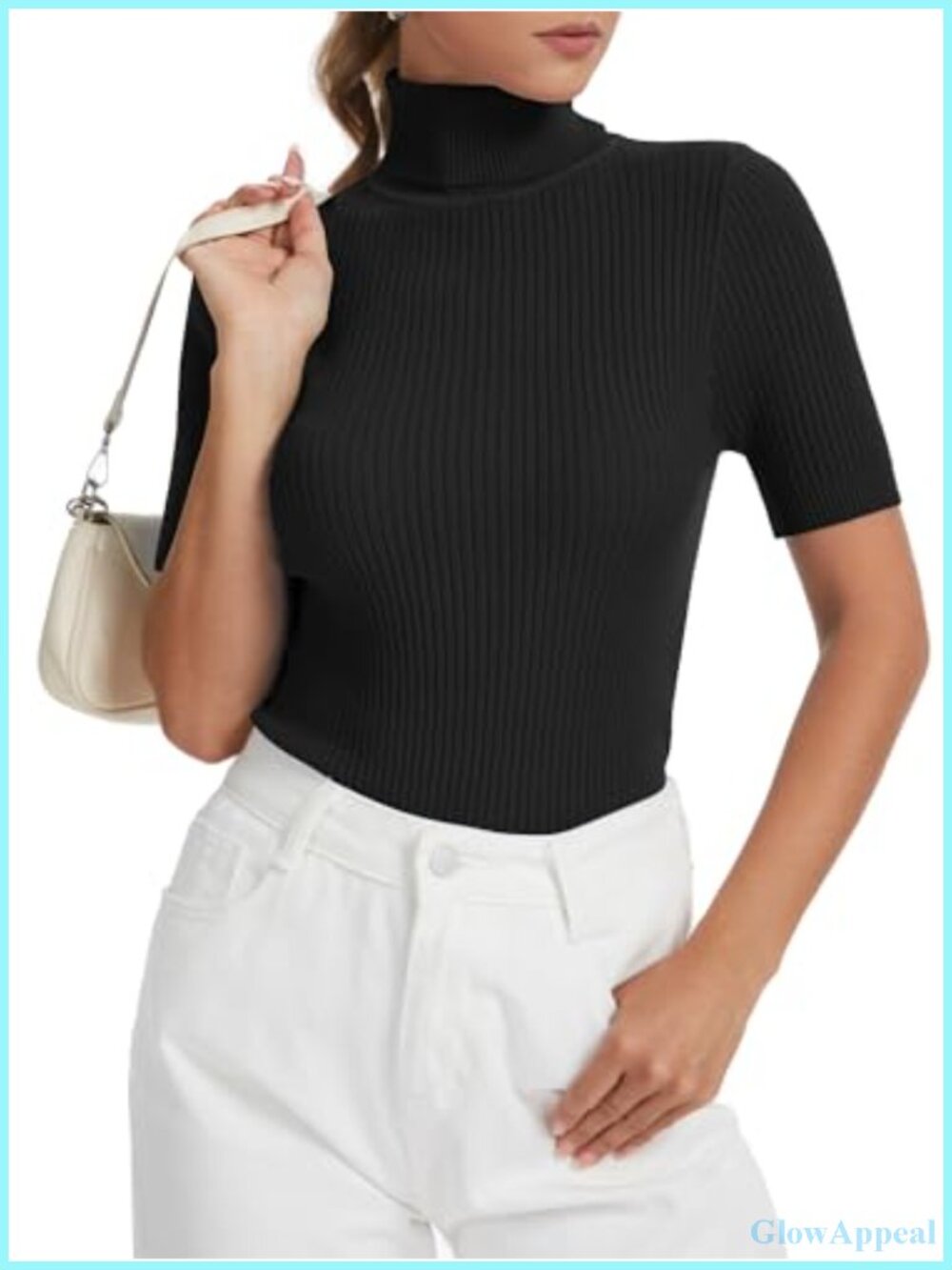 Slim Fit Short Sleeve Turtleneck Top Ribbed Knit Women's Shirt